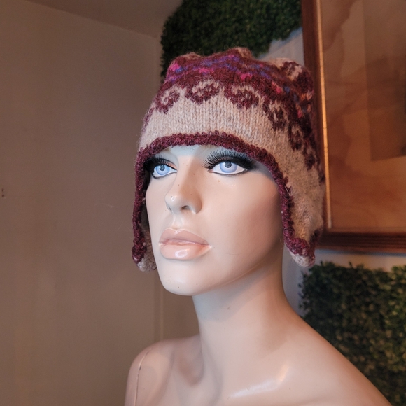 Hand Knit Wool Hippie Beanie Hat with Ear Flaps beige pink blue - Picture 2 of 7